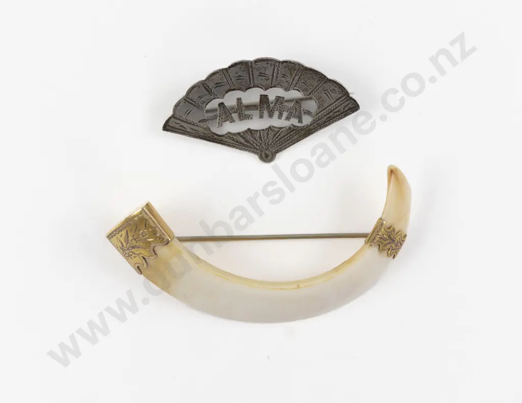 NZ 9ct Mounted Boar Tusk Brooch Image 1++
