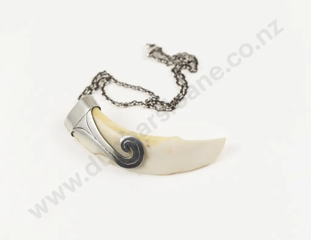 Silver Mounted Boar Tusk Pendant on S/S Neck Chain Image 1++