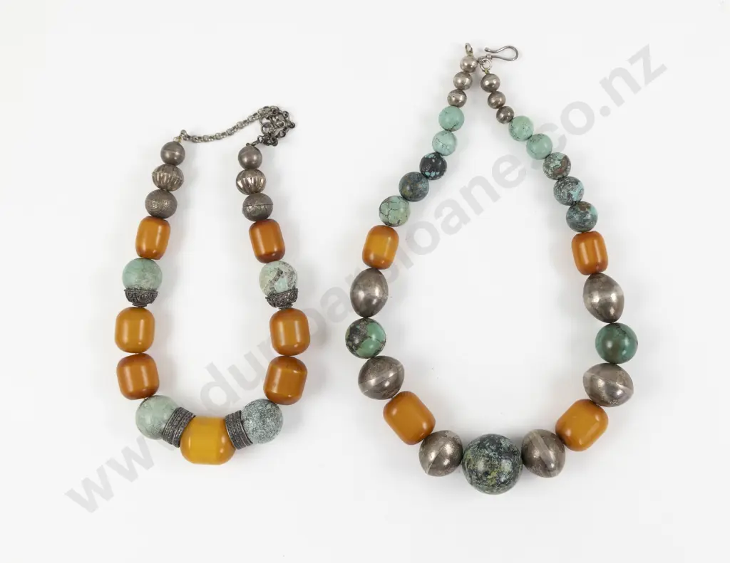 Two Vintage Single Strand Amber and Turquoise Beaded Necklaces Image 1++