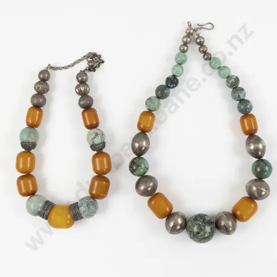 Two Vintage Single Strand Amber and Turquoise Beaded Necklaces