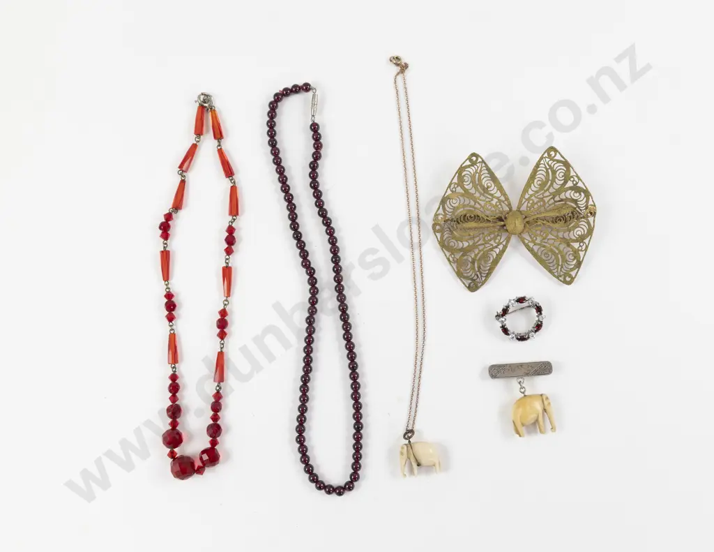 Single Strand Uniform Garnet Necklace with Assorted Vintage Jewellery and Other Image 1++