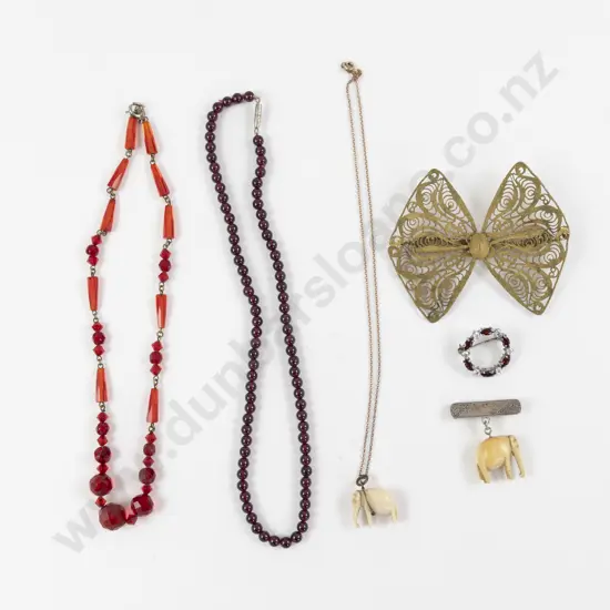 Single Strand Uniform Garnet Necklace with Assorted Vintage Jewellery and Other