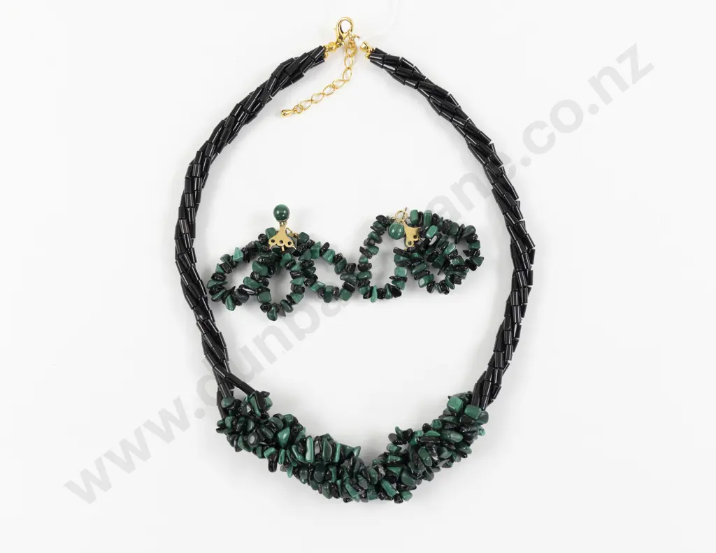 Multi Strand Malachite and Onyx Beaded Necklace and Matching Earrings Image 1++