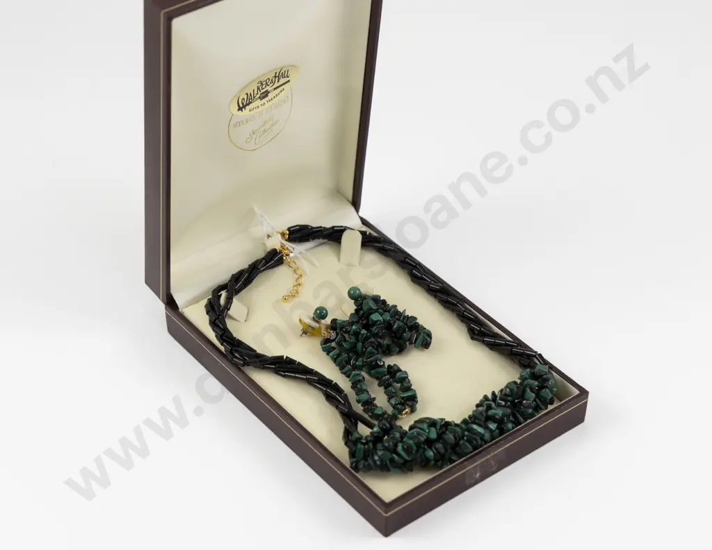 Multi Strand Malachite and Onyx Beaded Necklace and Matching Earrings Image 1++