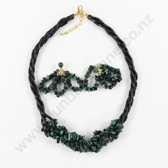 Multi Strand Malachite and Onyx Beaded Necklace and Matching Earrings