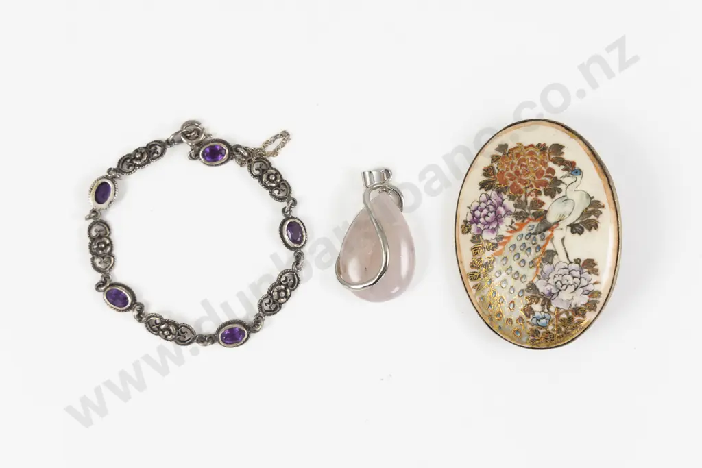 Japanese Satsuma Brooch Together with S/S Amethyst Bracelet andRose Quartz Pendant Image 1++