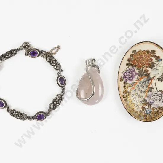 Japanese Satsuma Brooch Together with S/S Amethyst Bracelet andRose Quartz Pendant