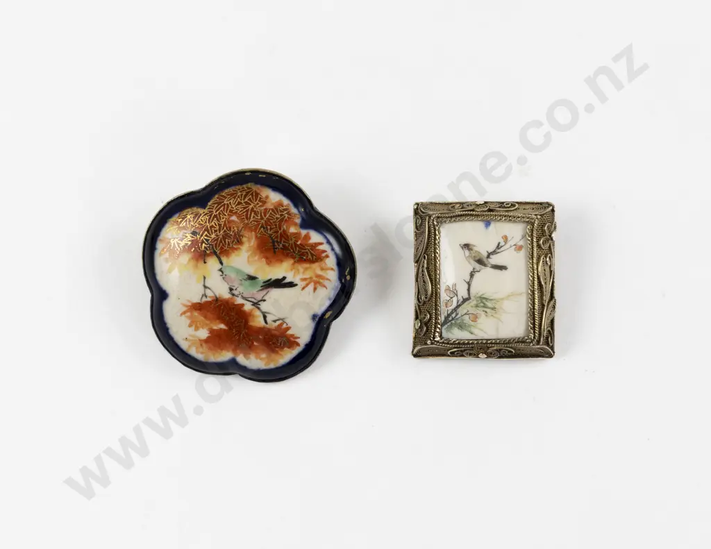 Vintage Silver Gilt Filigree Ivory Brooch and Satsuma Brooch Image 1++