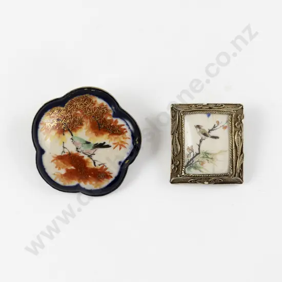 Vintage Silver Gilt Filigree Ivory Brooch and Satsuma Brooch