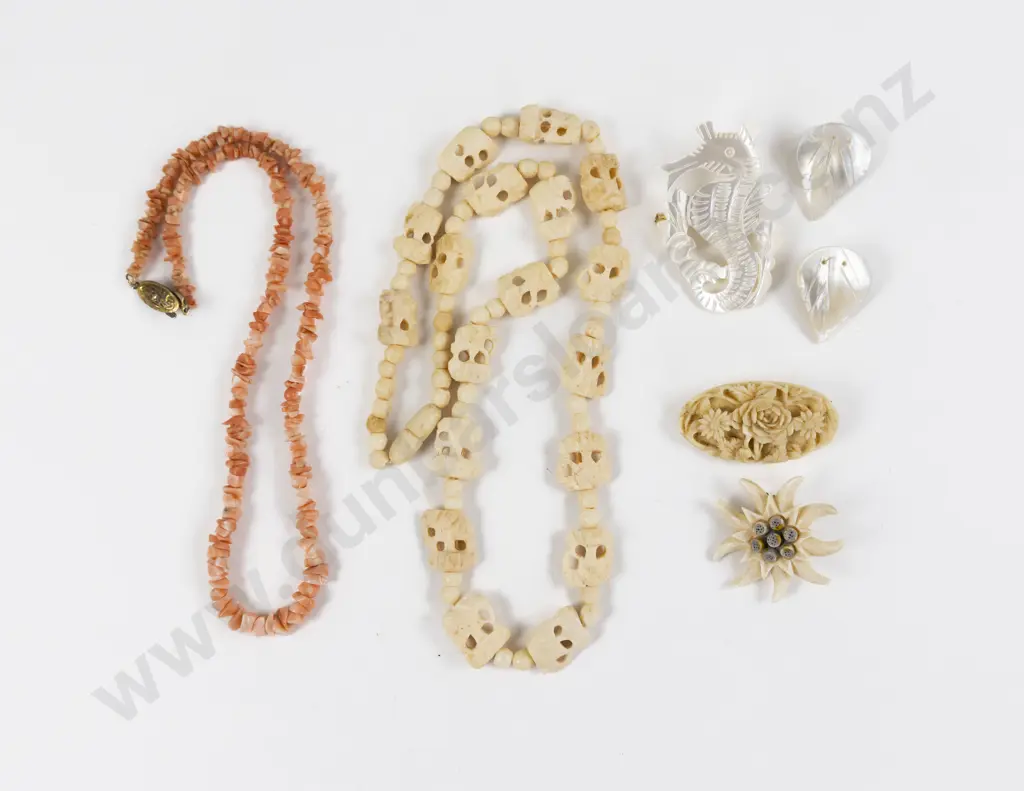 Single Strand Coral Bead Necklace with Collection of Ivory and MOP Jewellery Image 1++