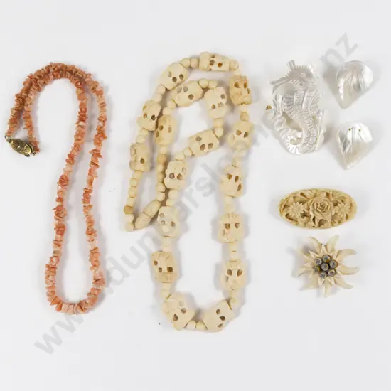 Single Strand Coral Bead Necklace with Collection of Ivory and MOP Jewellery