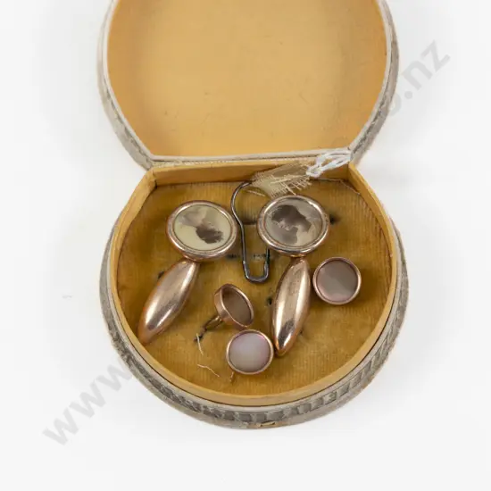 Pair Vintage 9ct Mounted Portrait Cufflinks and Three MOP Shirt Studs