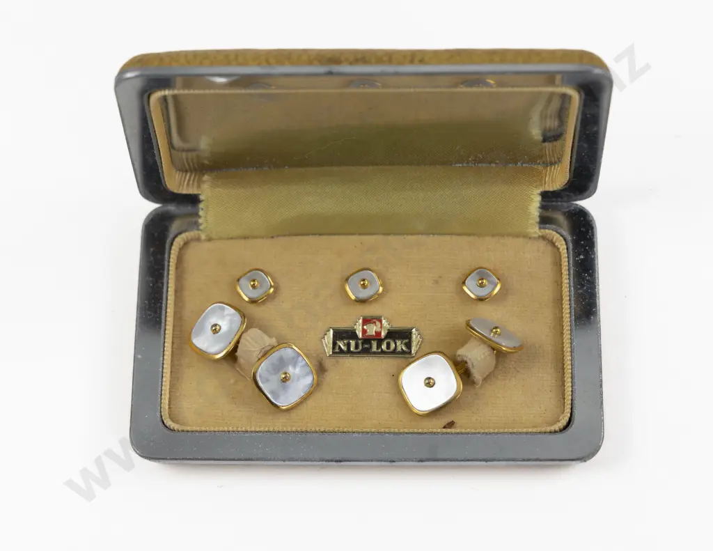 Antique Nu-Lok Gold Plated MOP Cufflinks and Shirt Studs Image 1++