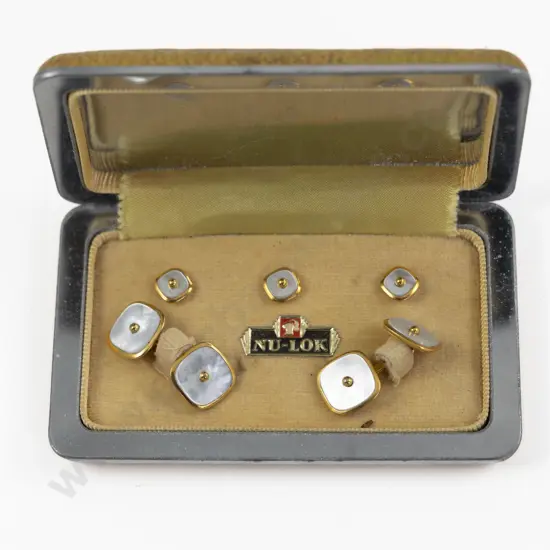 Antique Nu-Lok Gold Plated MOP Cufflinks and Shirt Studs