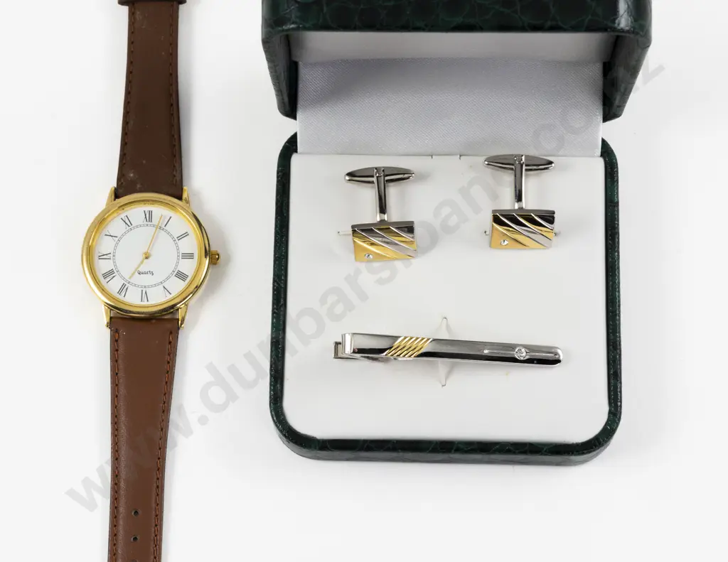 Boston Collection Gold and Silver Plated Cuff Links and Tie Clip with Gents Wrist Watch Image 1++