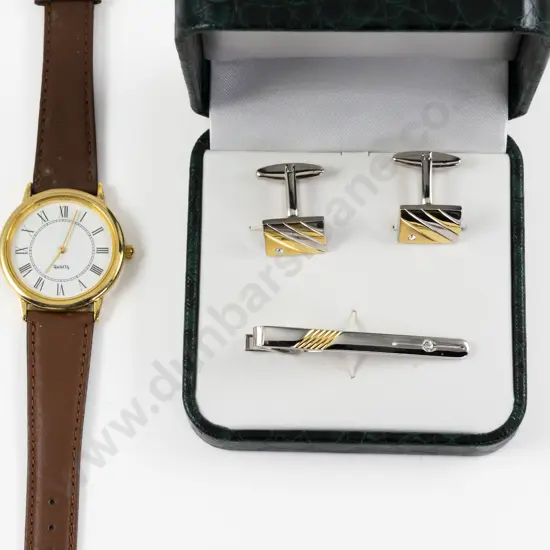 Boston Collection Gold and Silver Plated Cuff Links and Tie Clip with Gents Wrist Watch