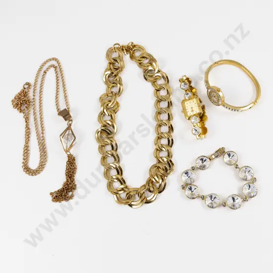 Two Gold Plated and Rhinestone Wrist Watches with Collection of Costume Jewellery
