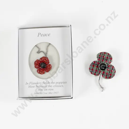 Silver Plated Poppy Pendant on Neck Chain and Brooch