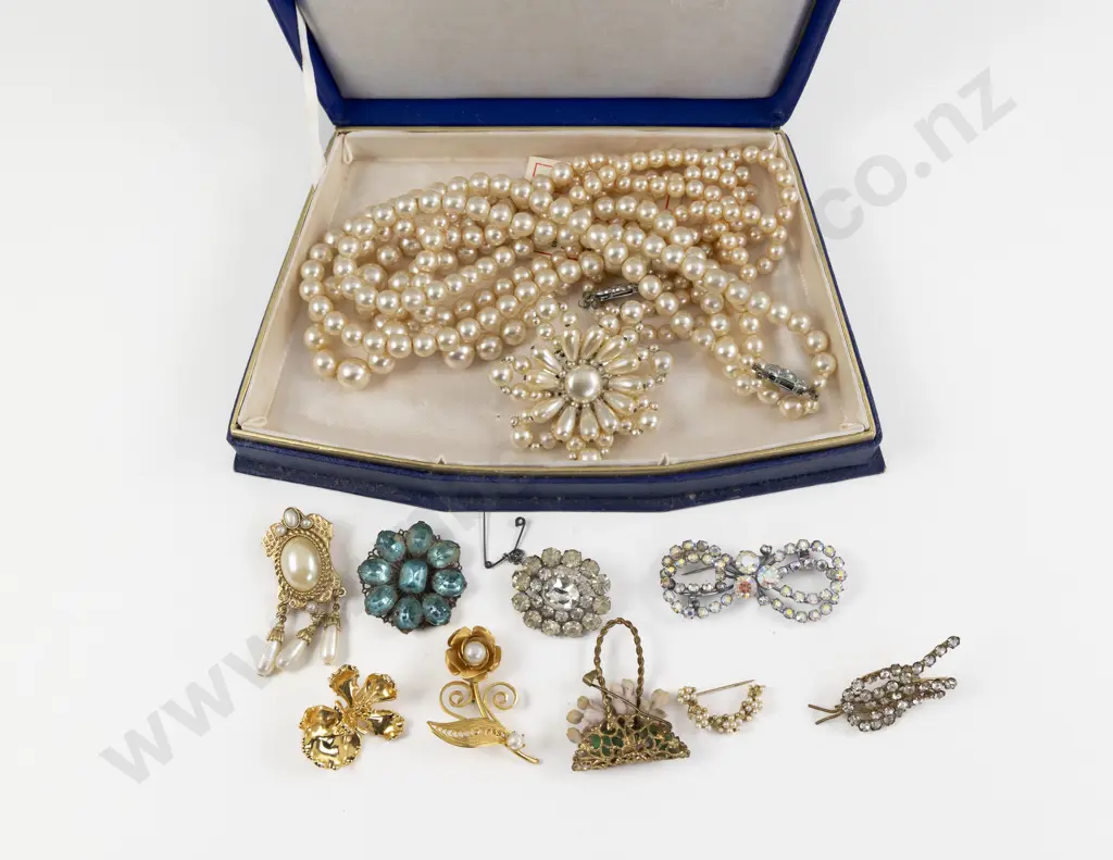 Collection of Assorted Costume Jewellery Brooches and Imitation Pearl Necklaces Image 1++