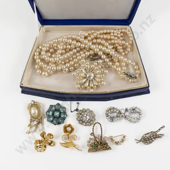 Collection of Assorted Costume Jewellery Brooches and Imitation Pearl Necklaces