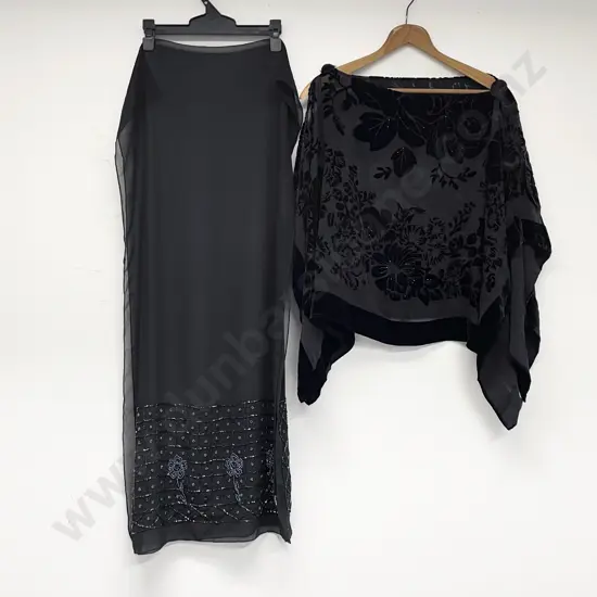 Beaded Chiffon Scarf with Velvet Floral Pattern Shawl