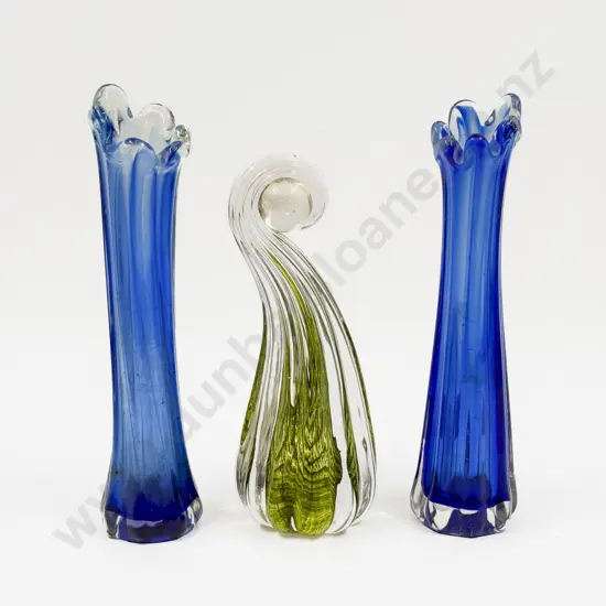 Two Art Glass Specimen Vases with Art Glass Koru Form Paperweight