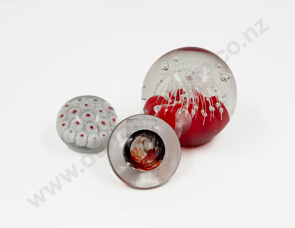 Two Art Glass Paperweights Together with Art Glass Mushroom Image 1++