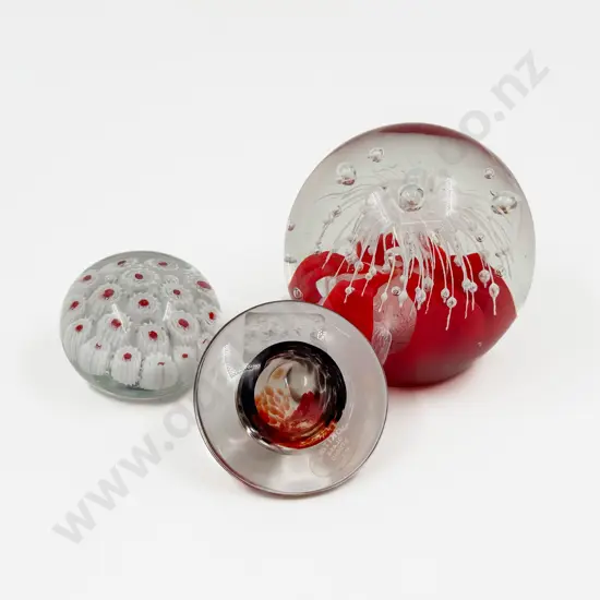 Two Art Glass Paperweights Together with Art Glass Mushroom