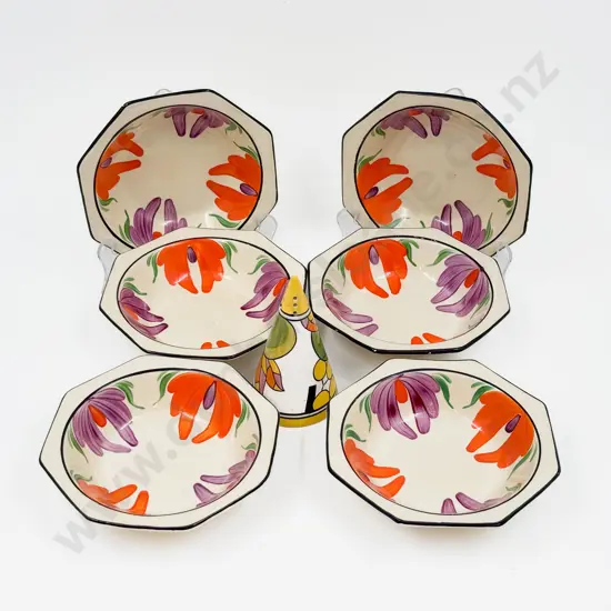 Clarice Cliff "Apples" Salt Shaker with Six Wilkinson Honeyglaze Bowls