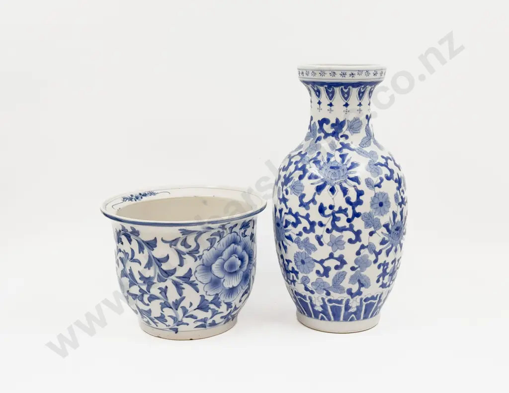 Blue and White Planter Together with Vase Image 1++