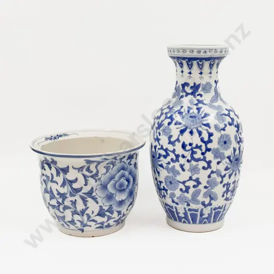 Blue and White Planter Together with Vase