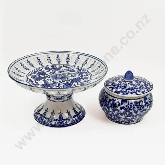 Blue & White Comport and Lidded Vase