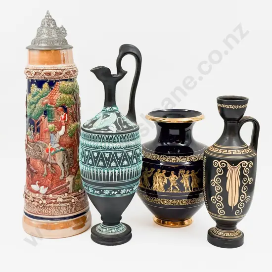 Large Stoneware Stein with Three Grecian Style Vases/Ewers