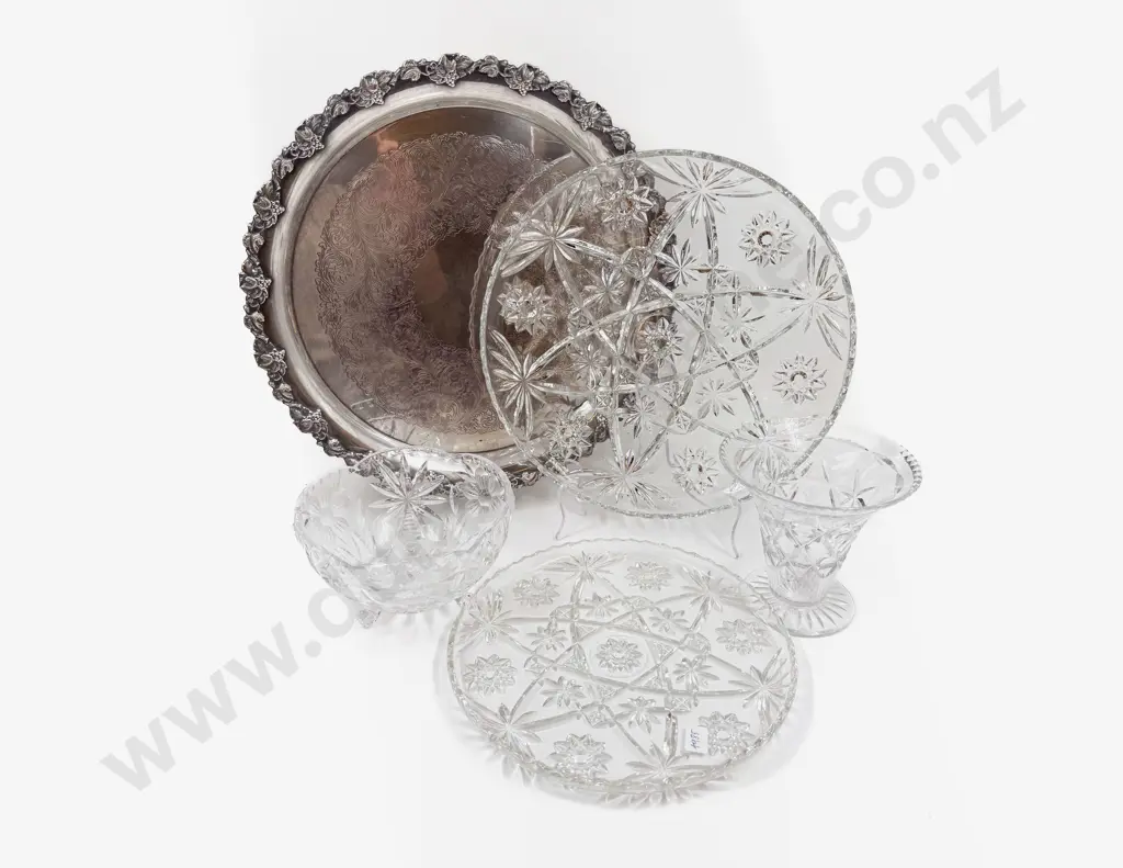 Qty of Assorted Crystal and Glassware on Ornate S/P Tray Image 1++