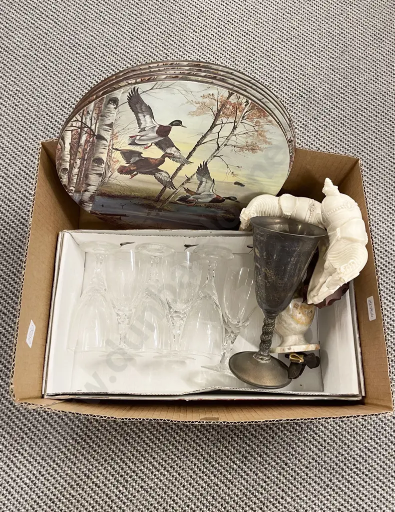 Box of Assorted Including Glassware and Resin Horse Ornaments Image 1++