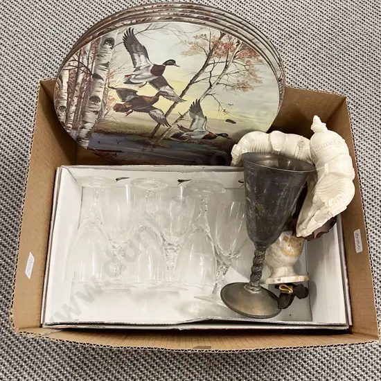 Box of Assorted Including Glassware and Resin Horse Ornaments