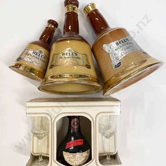Moet & Chandon Wine Liqueur Gift Pack and Graduated Set of Three Bell's Whiskey Decanters