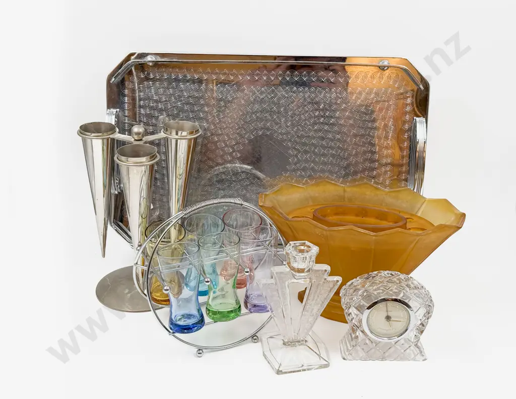 Modern Epergne with Pressed Glass Vase and Assorted on Chrome Tray Image 1++