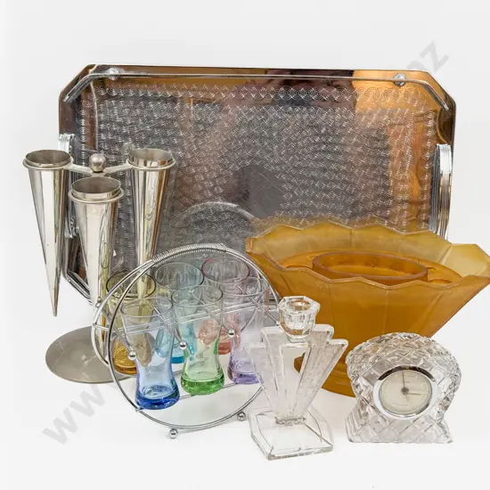 Modern Epergne with Pressed Glass Vase and Assorted on Chrome Tray