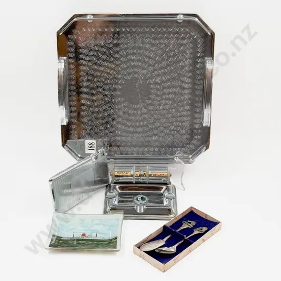 Chrome Tray With Assorted Including Vintage Desk Calander/Ashtray