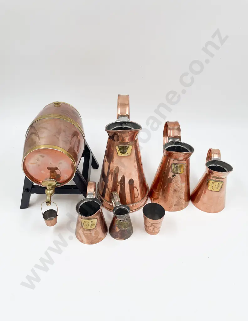 Graduated Set of Five Copper Measures with Small Copper Keg etc Image 1++