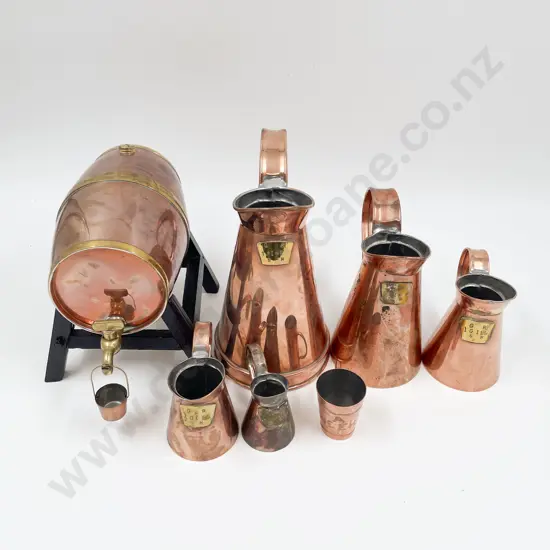 Graduated Set of Five Copper Measures with Small Copper Keg etc