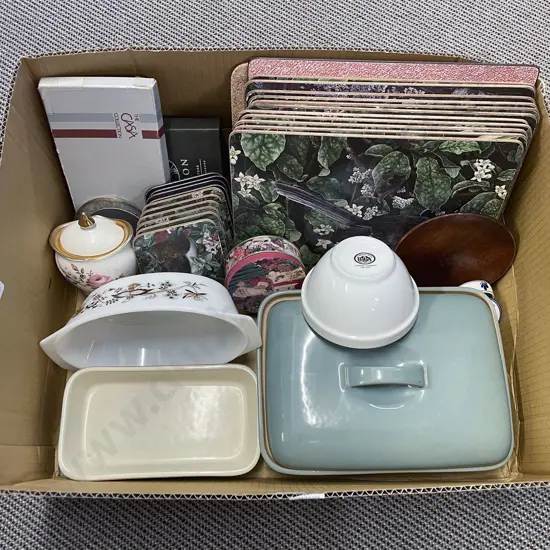 Box of Assorted Kitchenware Together with Assorted Placemats and Coasters etc