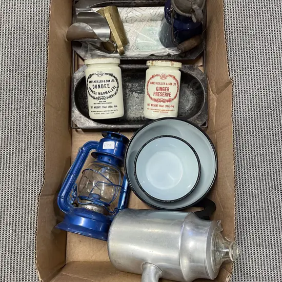 Box Qty of Assorted Vintage Including Enamel Bowls etc