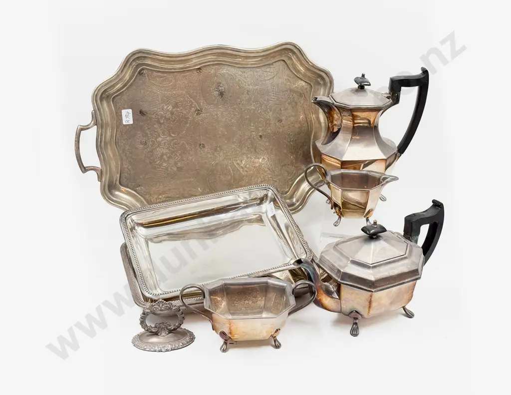 S/P Four Piece Tea Set with Plated Tray and Tureen Image 1++