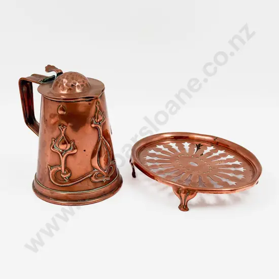 J.S & S Art Nuevo Copper Jug and Trivet