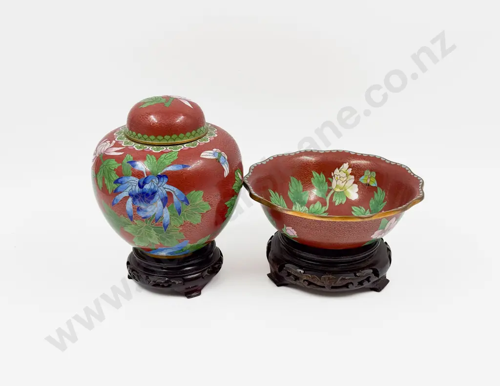 Cloisonne Ginger Jar and Matching Bowl on Stands Image 1++