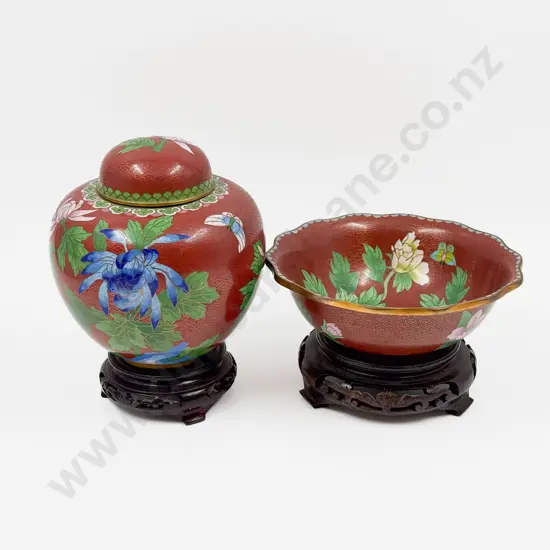 Cloisonne Ginger Jar and Matching Bowl on Stands