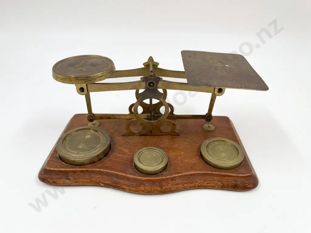 Brass Postal Scales and Three Weights Image 1++