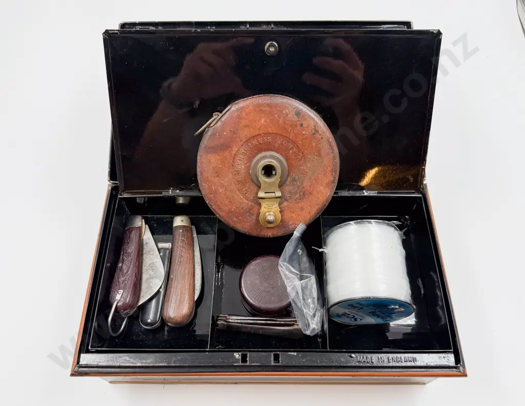 Vintage Cache Box with Assorted Vintage Items Including Pocket Knives Measuring Tape Etc Image 1++